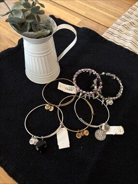 Alex and Ani Mixed Metal and Beaded Charm Bangle Set - Gold, Silver, Purple